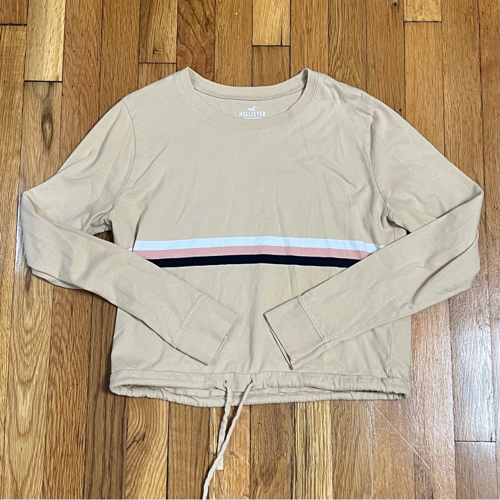 Hollister Beige with Stripes Long Sleeve Boyfriend T-Shirt Top Size Small